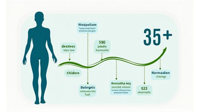 Infografic simplificat care arată declinul metabolic după 35 de ani, cu o siluetă umană și săgeți descendente reprezentând metabolismul și hormonii.