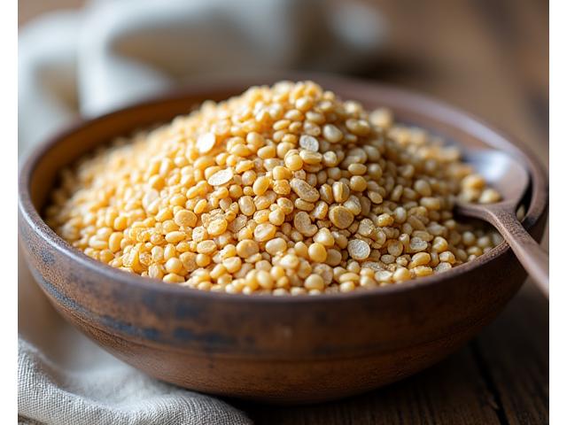 Un bol cu cereale românești străvechi, cum ar fi hrișcă și mei, cu o lingură, pe un fundal rustic din lemn.