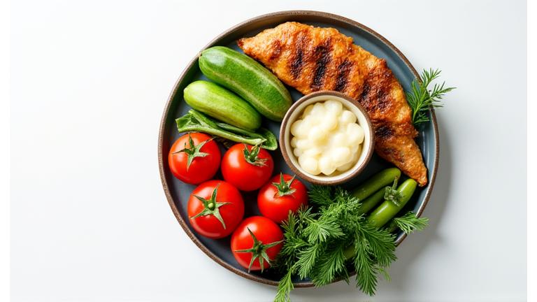 O farfurie echilibrată cu ingrediente românești proaspete: legume de sezon, brânză, verdețuri, reprezentând o masă sănătoasă și apetisantă.