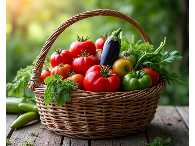 Coș cu legume proaspete de sezon românești: roșii, ardei, castraveți, vinete, fasole verde.