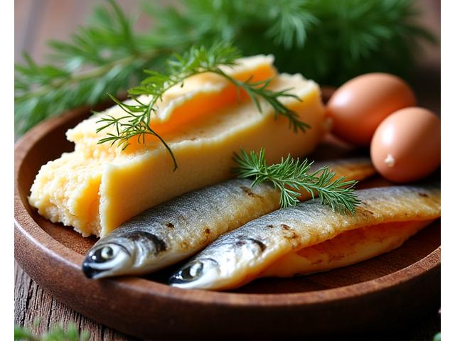 O selecție de proteine românești: brânză de burduf, file de pește din Dunăre, ouă de la țară, aranjate apetisant.